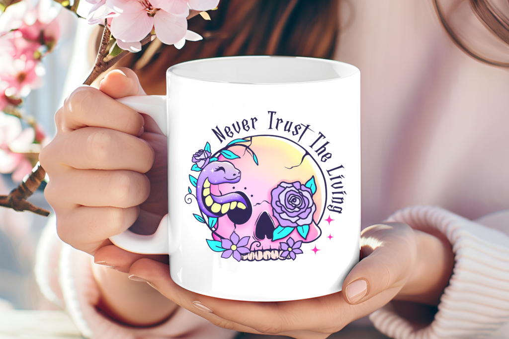 "Never Trust The Living" skull and serpent mug
