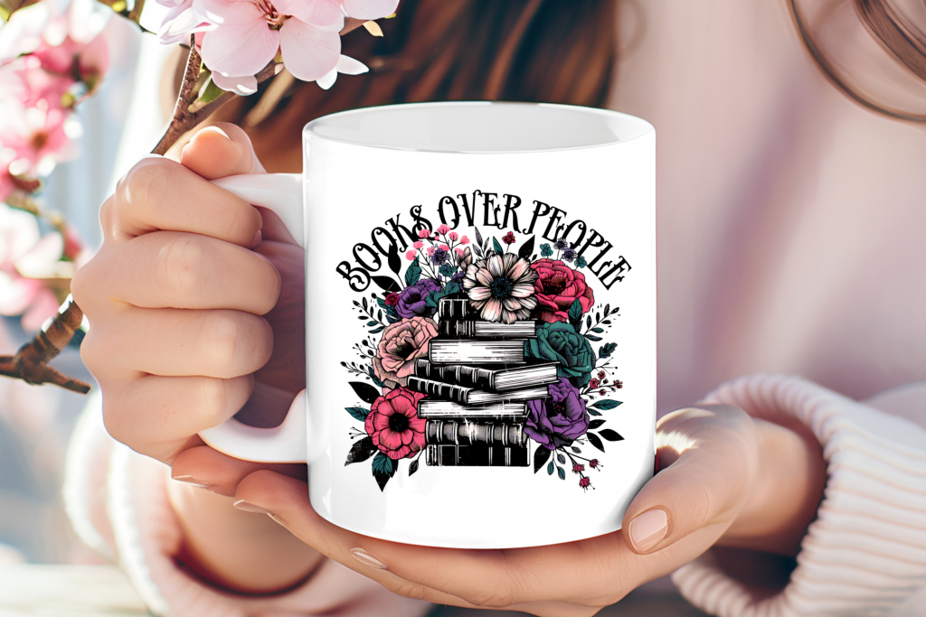 "Books Over People" floral mug