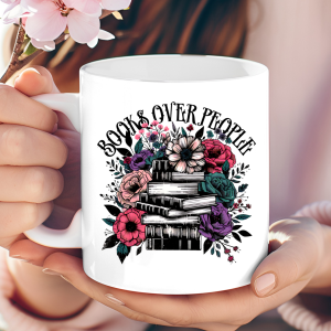 "Books Over People" floral mug