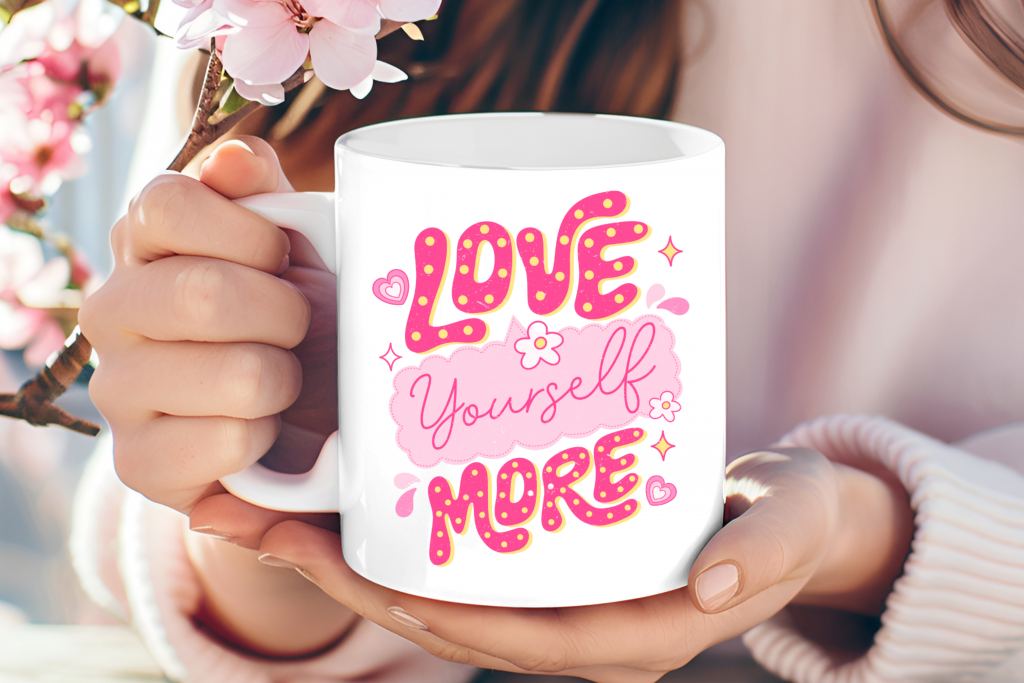 "Love Yourself More" retro floral mug