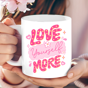 "Love Yourself More" retro floral mug