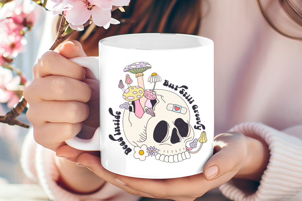 "Dead Inside But Still Groovy" skull and mushroom mug