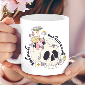 "Dead Inside But Still Groovy" skull and mushroom mug