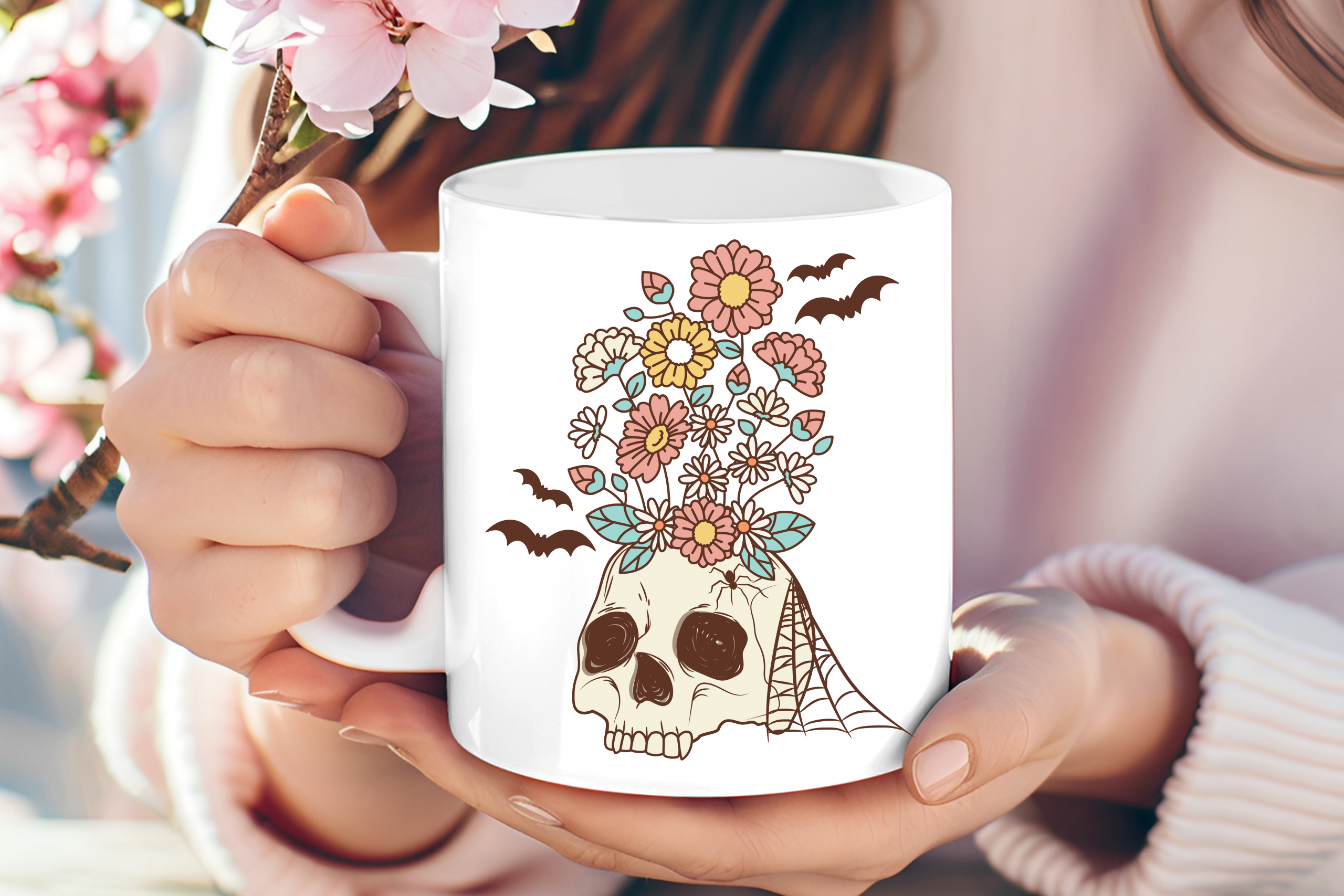 Floral Skull & Gothic Bats Mug