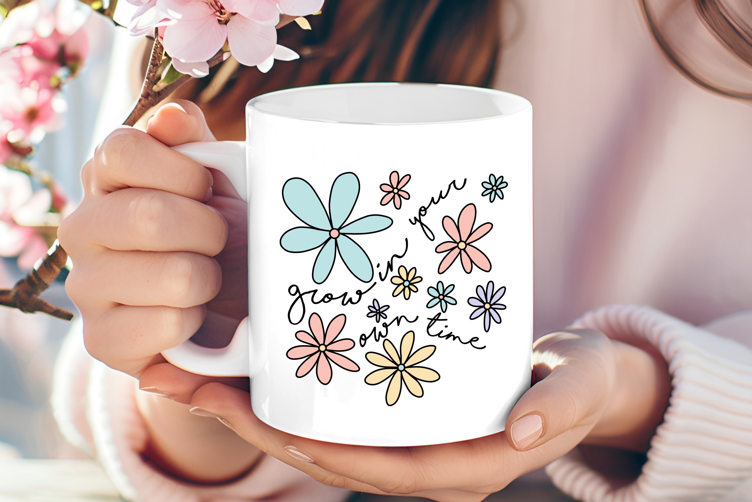 "Grow in Your Own Time" Minimalist Floral Mug