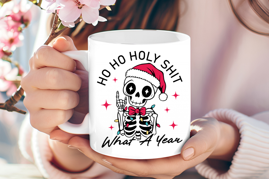 "Ho Ho Holy Sh*t" Christmas skeleton mug