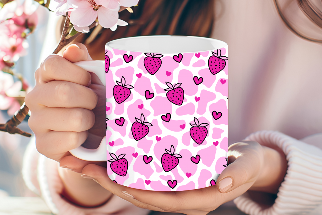 Pink strawberry and cow-print mug