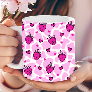 Pink strawberry and cow-print mug