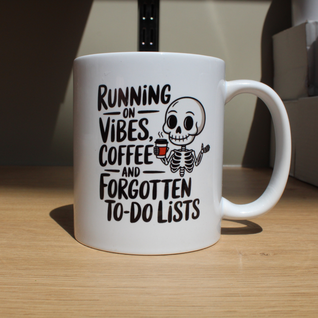Running on Vibes, Coffee & Forgotten To‑Do Lists — Skeleton Chaos Mug