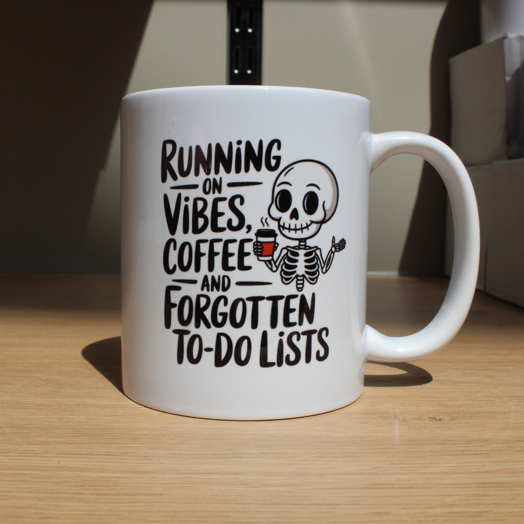 Running on Vibes, Coffee & Forgotten To‑Do Lists — Skeleton Chaos Mug