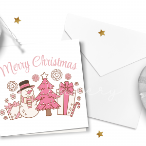 Whimsical Pink Christmas Snowman Card