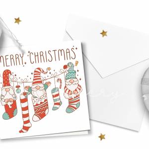 "Merry Christmas" Gnomes in Stockings Card