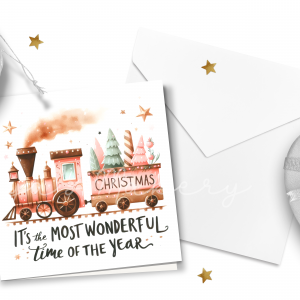 Vintage Pink Christmas Train Greeting Card