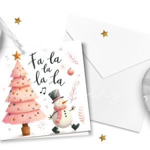 "Fa La La La La" Pink Christmas Snowman Card