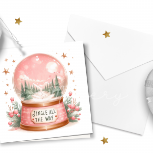 "Jingle All The Way" Pink Snow Globe Greeting Card