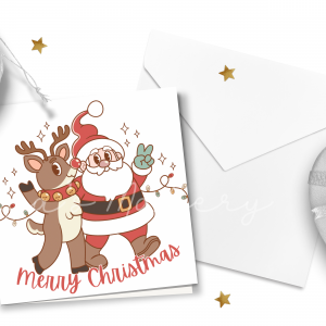 Retro "Merry Christmas" Santa & Reindeer Card