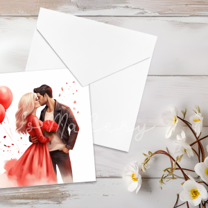 Romantic "Red Balloons & Roses" Couple Illustration Square Card