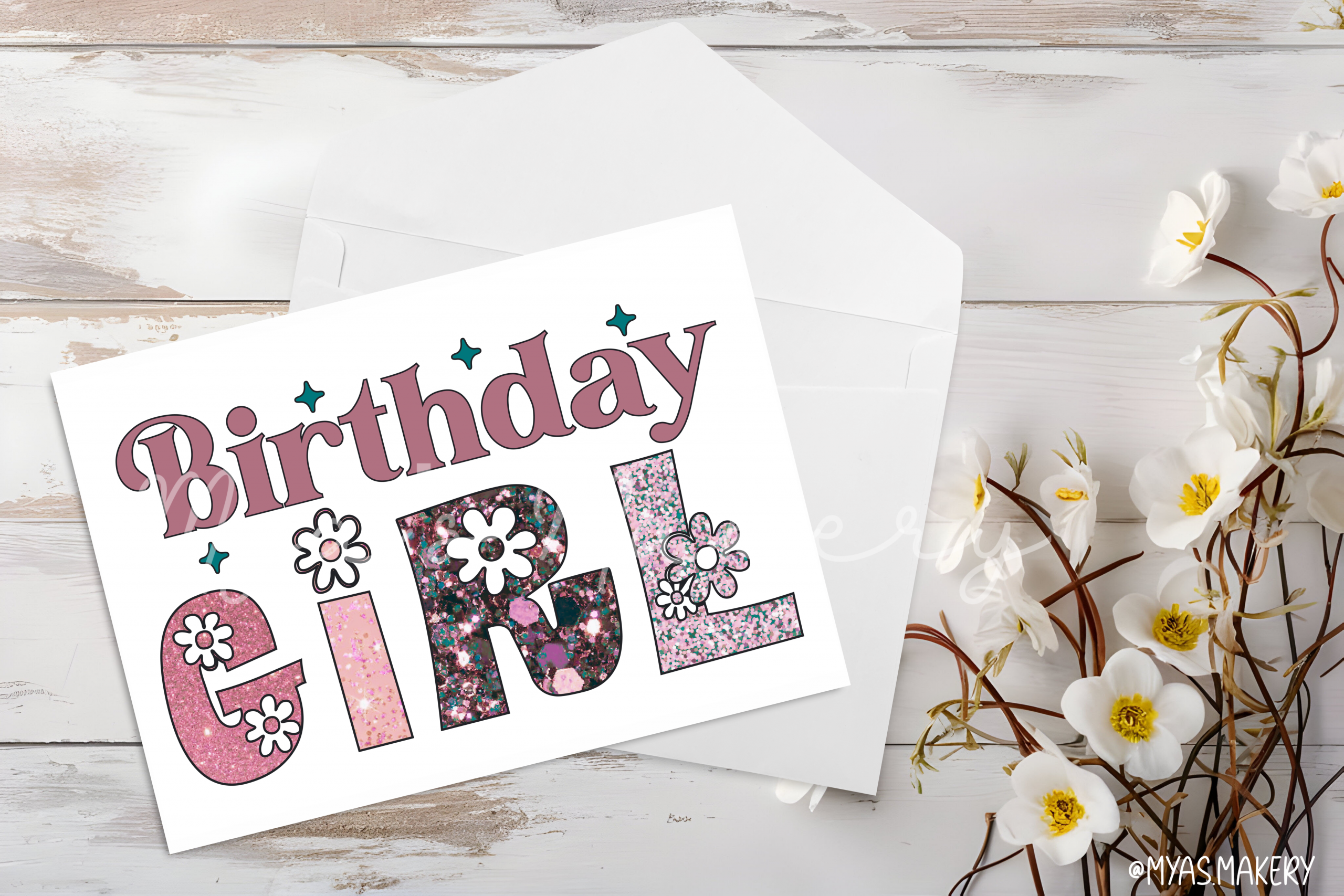 "Birthday Girl" Teal & Pink Glitter Greeting Card