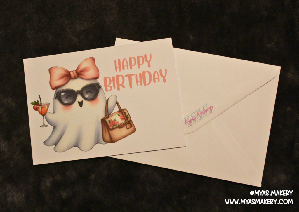 Glam Ghost Birthday Card — Pink Bow, Sunglasses & Cocktail Spooky Cute Greeting