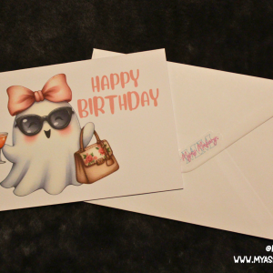 Glam Ghost Birthday Card — Pink Bow, Sunglasses & Cocktail Spooky Cute Greeting