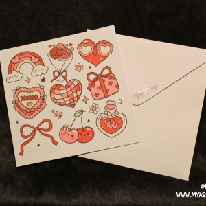Valentine’s Day Sticker Sheet — Cute Kawaii Hearts, Cherries, Rainbow & Gift Icons