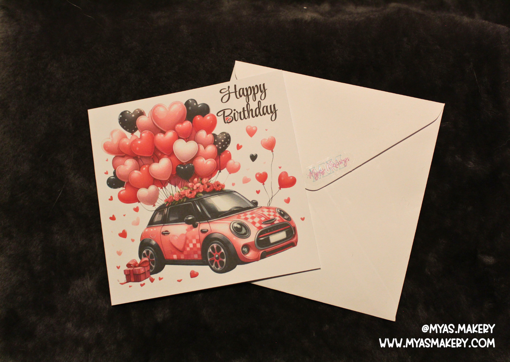 Pink Car Birthday Card — Cute Heart Balloon Illustration & Gift Box Design