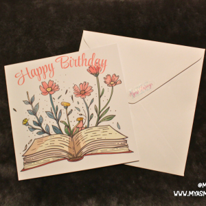 Floral Book Birthday Card — Whimsical Open Book Illustration with Blooming Flowers