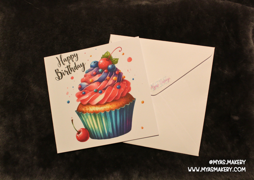 Cupcake Birthday Card — Colourful Swirl Frosting Illustration with Candy & Cherries