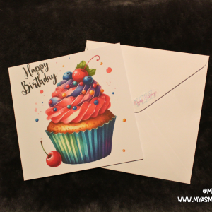 Cupcake Birthday Card — Colourful Swirl Frosting Illustration with Candy & Cherries