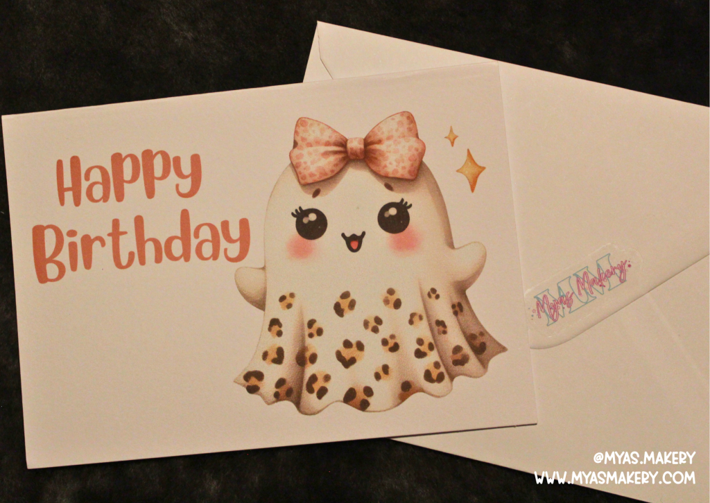 Leopard‑Print Bow Ghost Birthday Card — Cute Spooky Pastel Greeting