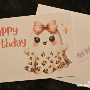 Leopard‑Print Bow Ghost Birthday Card — Cute Spooky Pastel Greeting