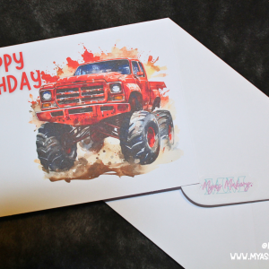 Red Monster Truck Birthday Card — Mud Splash Watercolour Boys’ Birthday Greeting