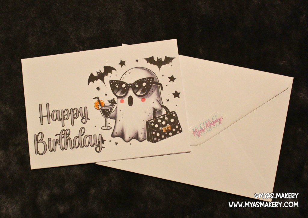 Boujee Ghost Birthday Card — Glam Sunglasses Ghost with Cocktail & Bats