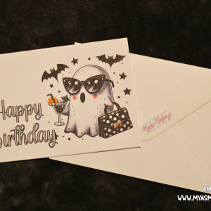 Boujee Ghost Birthday Card — Glam Sunglasses Ghost with Cocktail & Bats